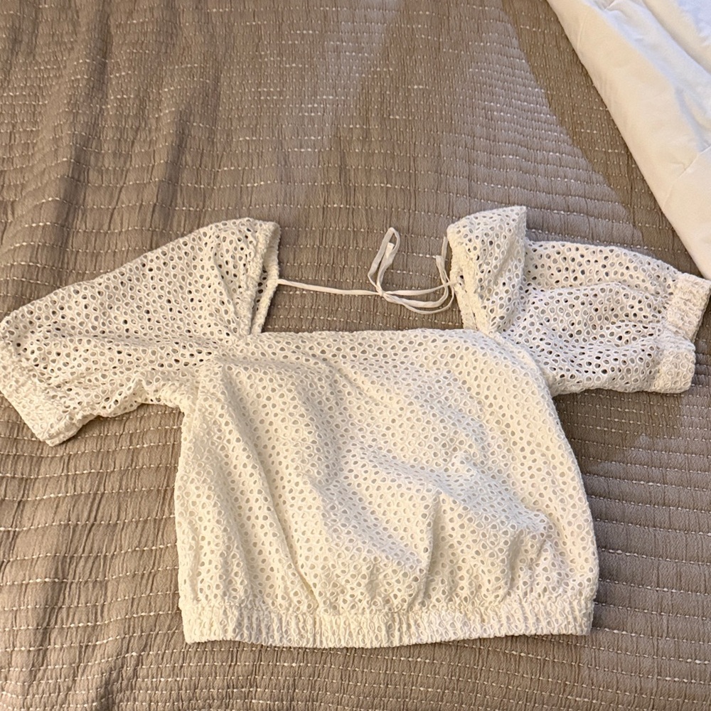 Everlane White Eyelet Puff-Sleeve Crop Top
